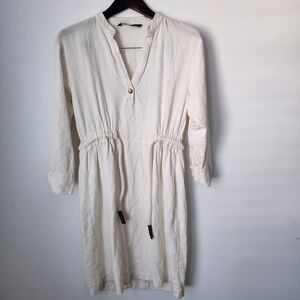 Zara-Cream Drawstring Waist V-Neck Midi Dress